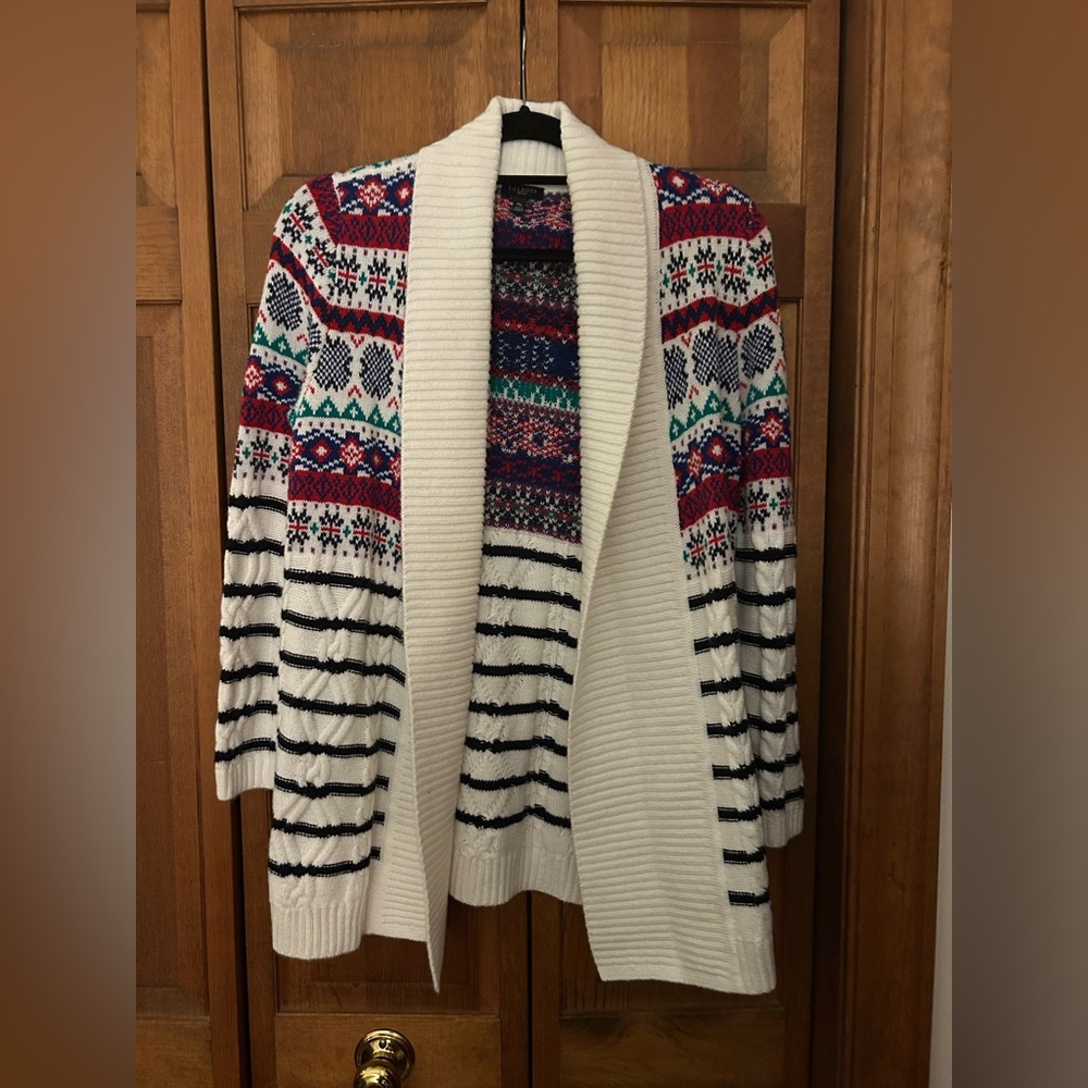 Talbots Women's Sz MP Cotton Blend Open Front Multicolored Fair Isle Cardigan